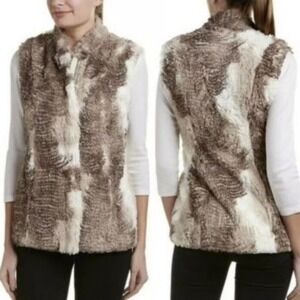 CAbi Faux Fur Patchwork Vest in Brown and Cream